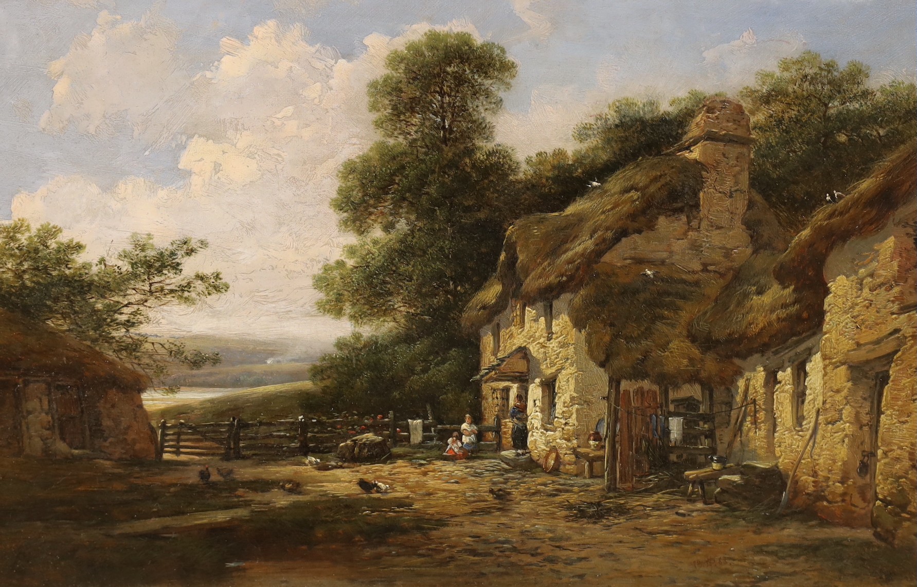 William Pitt (fl.1853-1890), oil on canvas, 'A Cottage Farm, Netherton, Devon', signed and dated 1863 and inscribed by the artist verso, 24 x 37cm